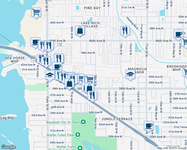 map of restaurants, bars, coffee shops, grocery stores, and more near 7843 40th Avenue North in St. Petersburg