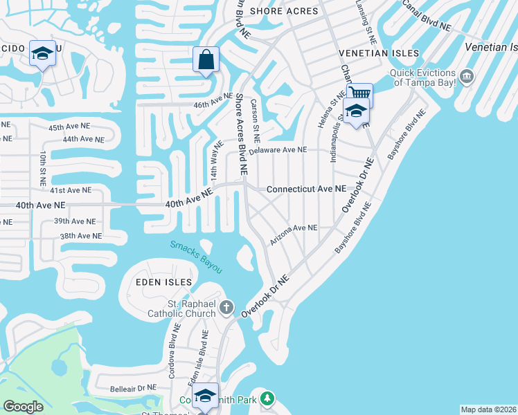 map of restaurants, bars, coffee shops, grocery stores, and more near 4001 Alabama Avenue Northeast in Saint Petersburg