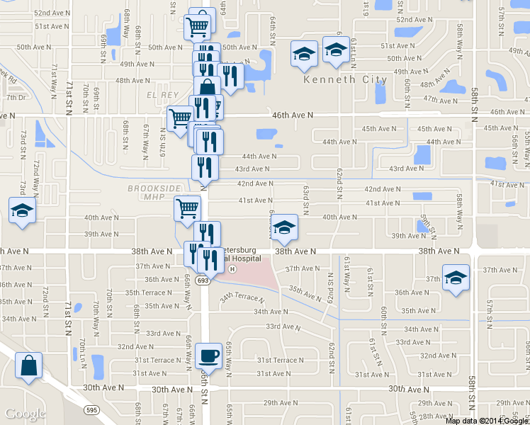 map of restaurants, bars, coffee shops, grocery stores, and more near 6415 40th Avenue North in St. Petersburg