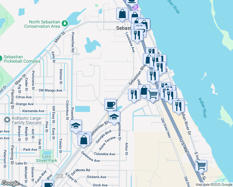 map of restaurants, bars, coffee shops, grocery stores, and more near 317 King Street in Sebastian