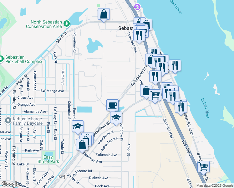 map of restaurants, bars, coffee shops, grocery stores, and more near 317 King Street in Sebastian