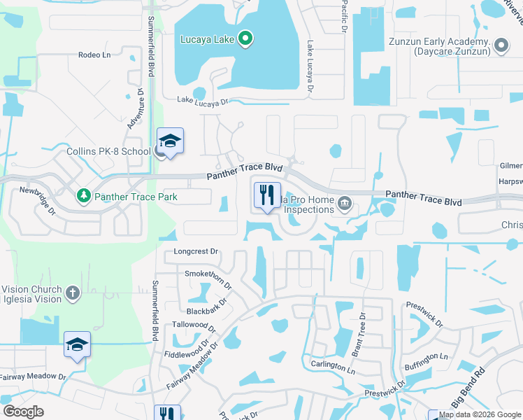 map of restaurants, bars, coffee shops, grocery stores, and more near 11457 Weston Course Loop in Riverview