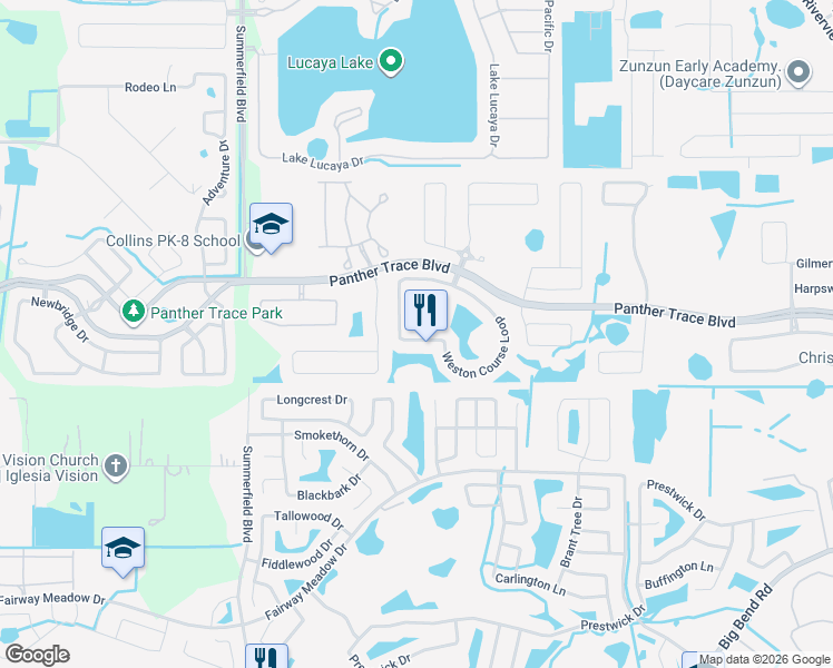 map of restaurants, bars, coffee shops, grocery stores, and more near 11470 Weston Course Loop in Riverview