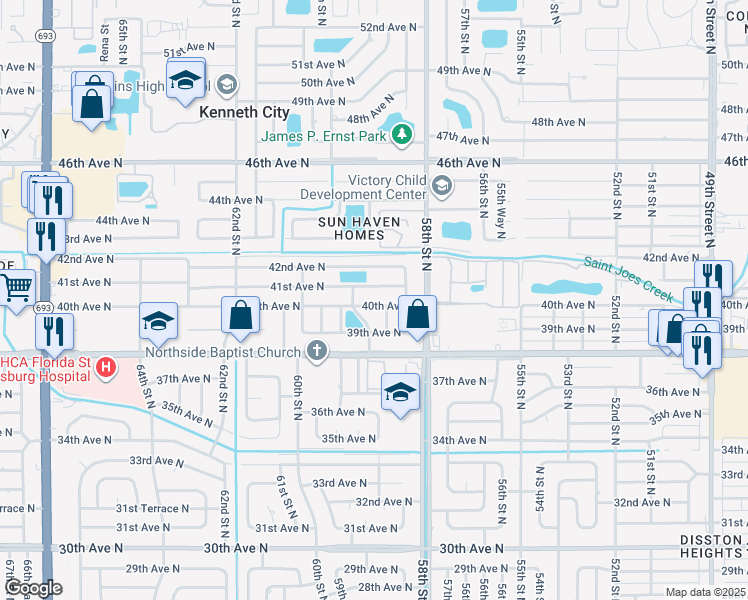 map of restaurants, bars, coffee shops, grocery stores, and more near 5861 40th Avenue North in St. Petersburg