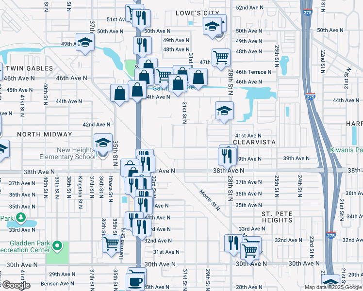 map of restaurants, bars, coffee shops, grocery stores, and more near 4000 31st Street North in Saint Petersburg