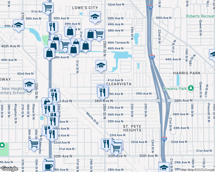 map of restaurants, bars, coffee shops, grocery stores, and more near 4001 28th Street North in Saint Petersburg