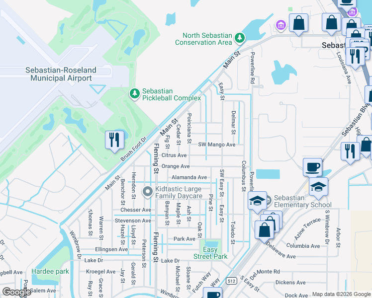 map of restaurants, bars, coffee shops, grocery stores, and more near 268 Poinciana Street in Sebastian