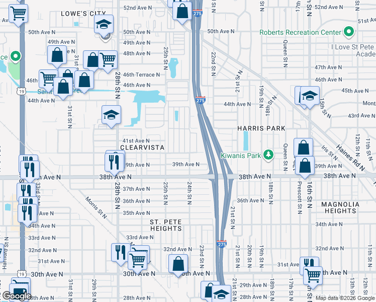 map of restaurants, bars, coffee shops, grocery stores, and more near 4000 24th Street North in St. Petersburg