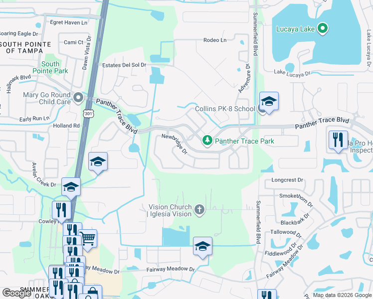 map of restaurants, bars, coffee shops, grocery stores, and more near 11008 Newbridge Drive in Riverview