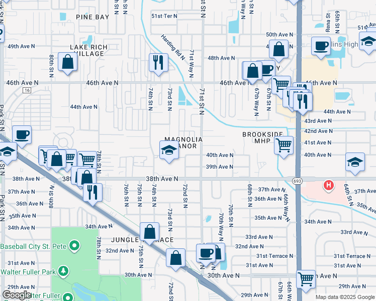 map of restaurants, bars, coffee shops, grocery stores, and more near 7179 40th Avenue North in St. Petersburg