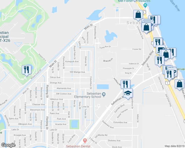 map of restaurants, bars, coffee shops, grocery stores, and more near 255 Columbus Street in Sebastian