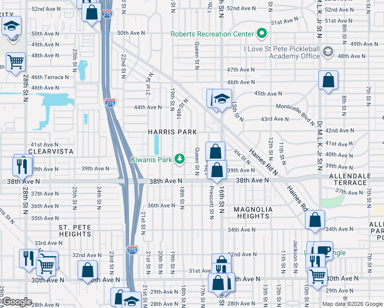 map of restaurants, bars, coffee shops, grocery stores, and more near 1769 40th Avenue North in St. Petersburg