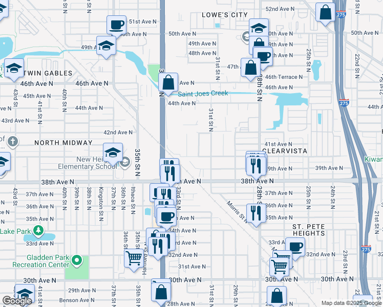 map of restaurants, bars, coffee shops, grocery stores, and more near 3217 40th Avenue North in St. Petersburg