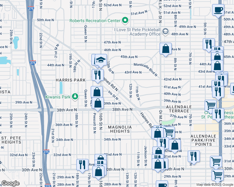 map of restaurants, bars, coffee shops, grocery stores, and more near 4001 Iris Street North in St. Petersburg