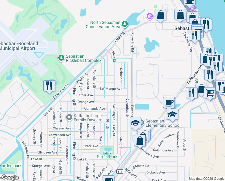 map of restaurants, bars, coffee shops, grocery stores, and more near 262 Easy Street in Sebastian