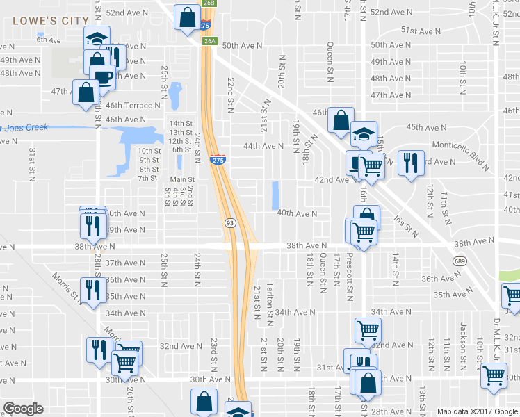 map of restaurants, bars, coffee shops, grocery stores, and more near 2145 40th Avenue North in St. Petersburg
