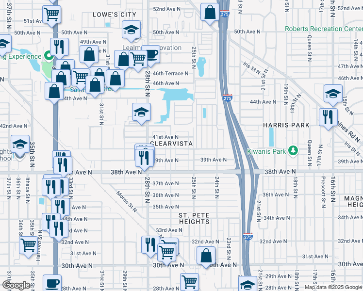 map of restaurants, bars, coffee shops, grocery stores, and more near 2525 40th Avenue North in St. Petersburg