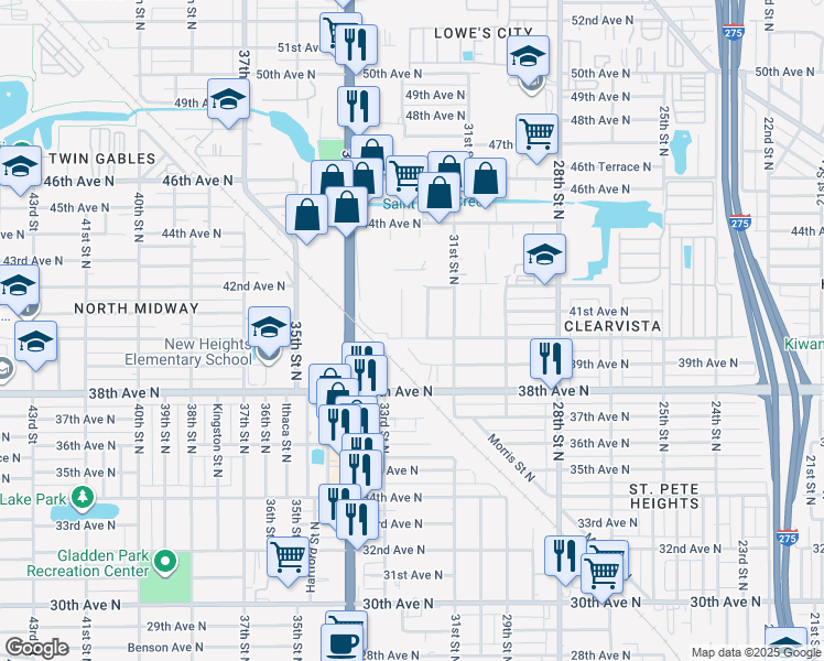 map of restaurants, bars, coffee shops, grocery stores, and more near 3217 40th Avenue North in St. Petersburg
