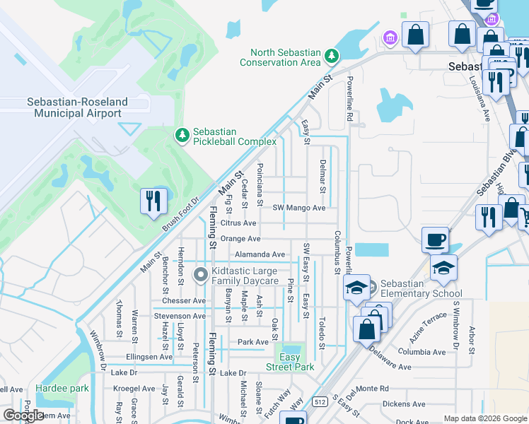 map of restaurants, bars, coffee shops, grocery stores, and more near 268 Poinciana Street in Sebastian