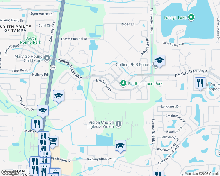 map of restaurants, bars, coffee shops, grocery stores, and more near 11008 Newbridge Drive in Riverview