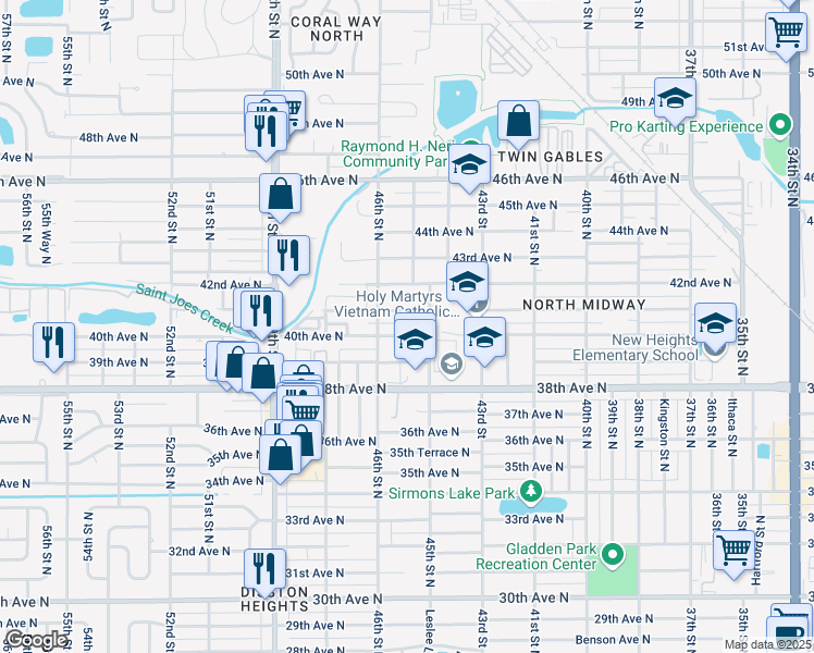 map of restaurants, bars, coffee shops, grocery stores, and more near 4535 40th Avenue North in Saint Petersburg