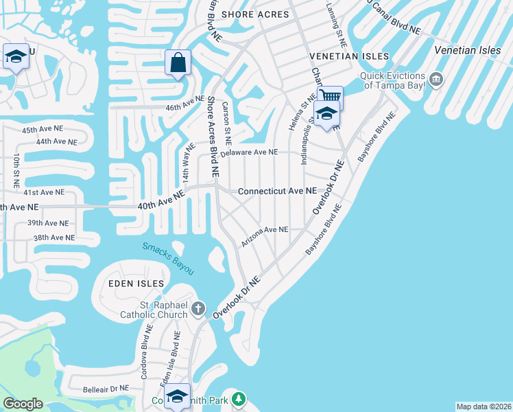 map of restaurants, bars, coffee shops, grocery stores, and more near 4000 Harrisburg Street Northeast in St. Petersburg