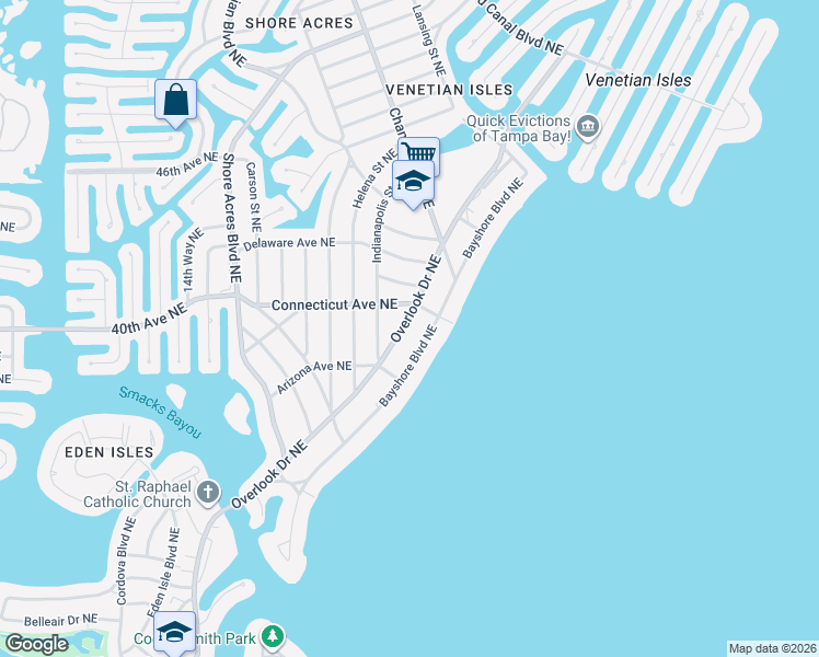map of restaurants, bars, coffee shops, grocery stores, and more near 4023 Overlook Drive Northeast in St. Petersburg