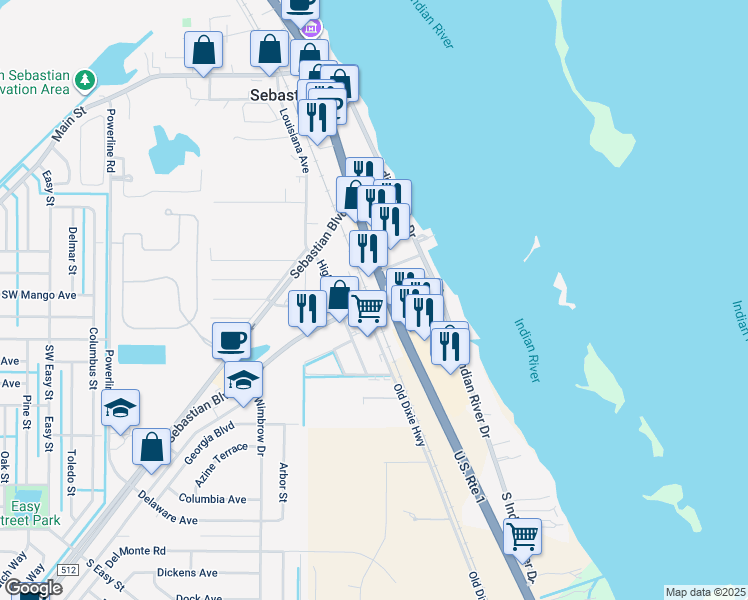map of restaurants, bars, coffee shops, grocery stores, and more near 0 Sebastian Boulevard in Sebastian