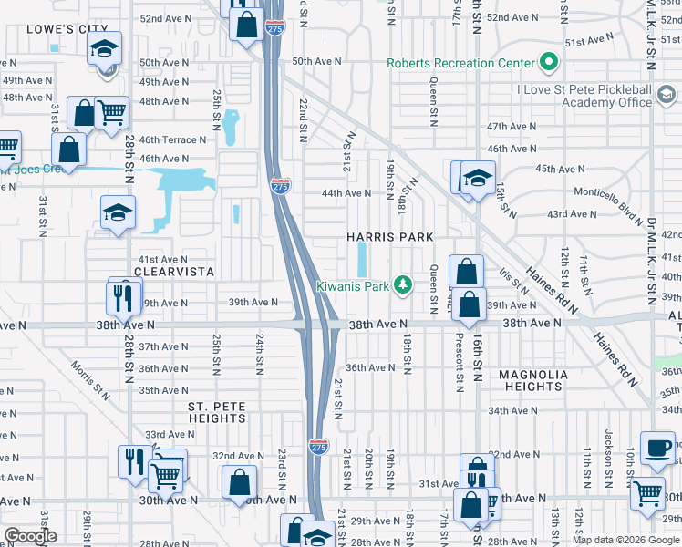map of restaurants, bars, coffee shops, grocery stores, and more near 4012 21st Street North in Saint Petersburg