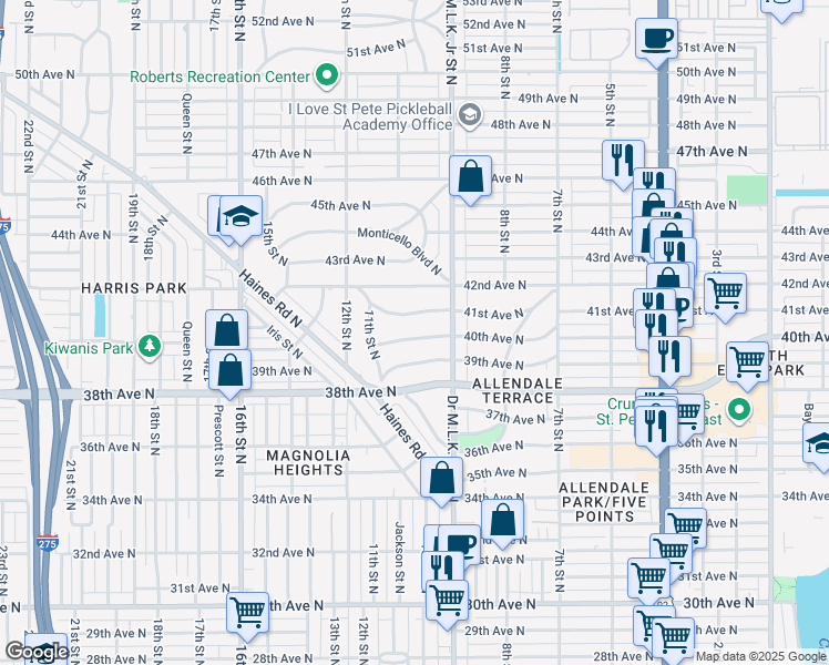 map of restaurants, bars, coffee shops, grocery stores, and more near 955 40th Avenue North in St. Petersburg