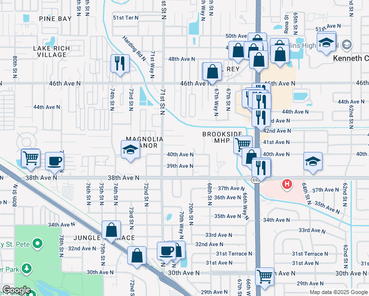 map of restaurants, bars, coffee shops, grocery stores, and more near 6997 40th Avenue North in St. Petersburg