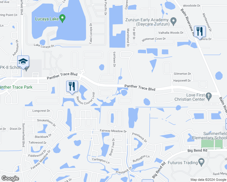map of restaurants, bars, coffee shops, grocery stores, and more near 11526 Balintore Drive in Riverview