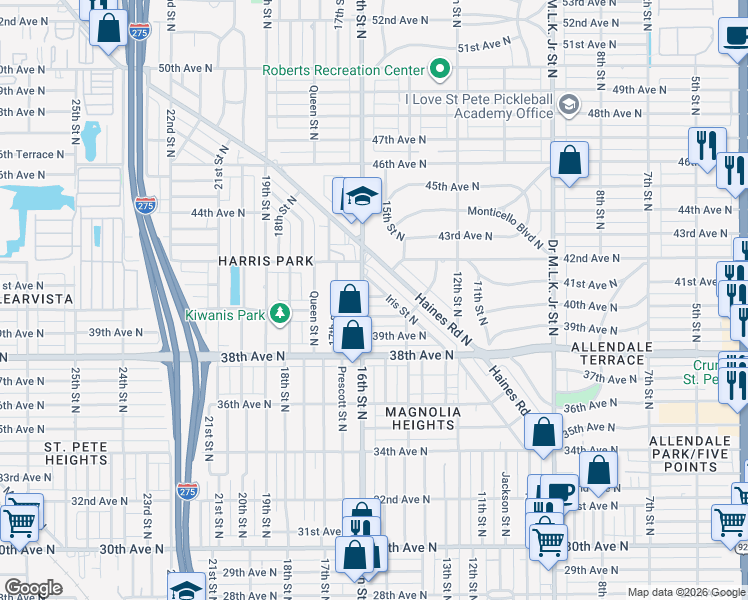 map of restaurants, bars, coffee shops, grocery stores, and more near 1529 40th Avenue North in St. Petersburg