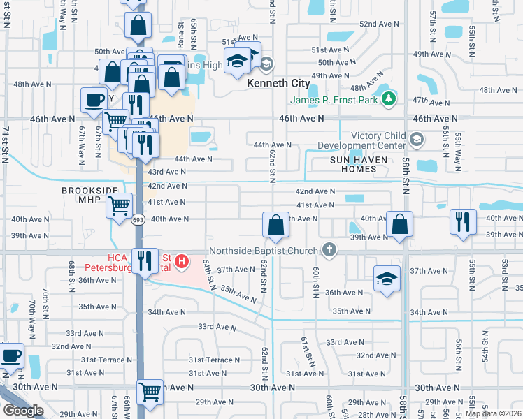 map of restaurants, bars, coffee shops, grocery stores, and more near 6201 40th Avenue North in St. Petersburg