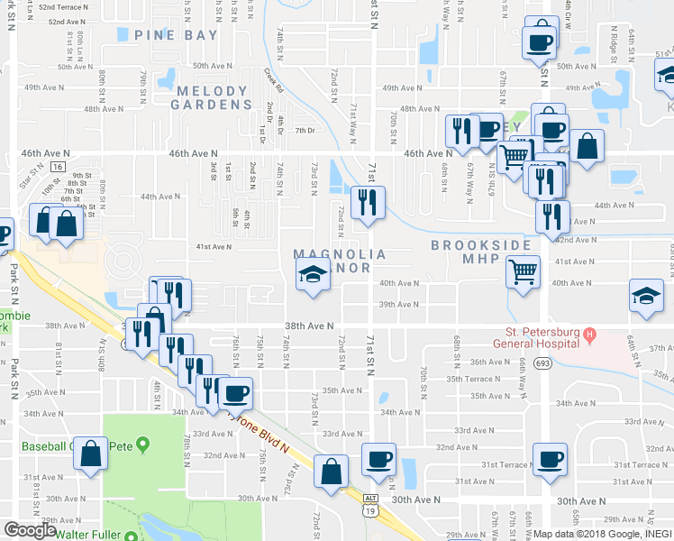 map of restaurants, bars, coffee shops, grocery stores, and more near 7206 40th Place North in Saint Petersburg