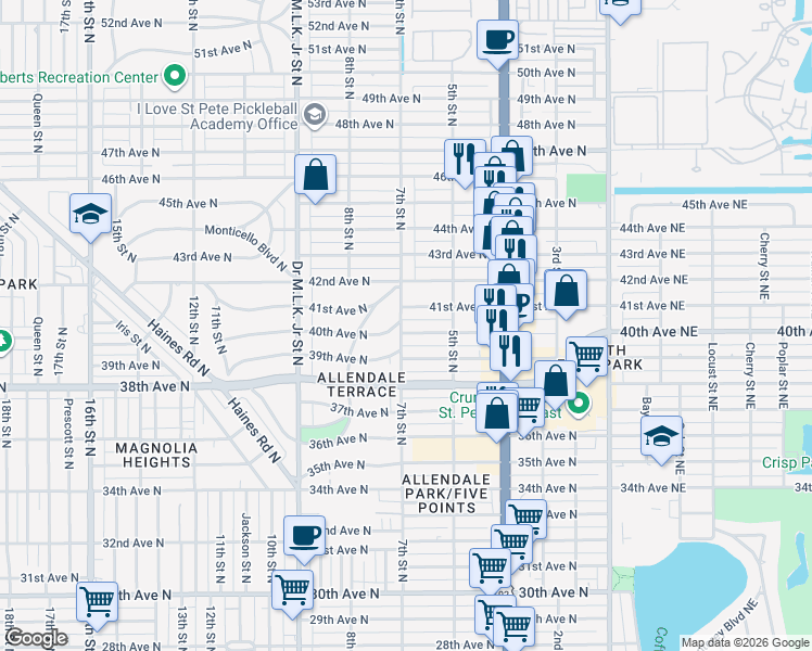 map of restaurants, bars, coffee shops, grocery stores, and more near 4001 7th Street North in Saint Petersburg