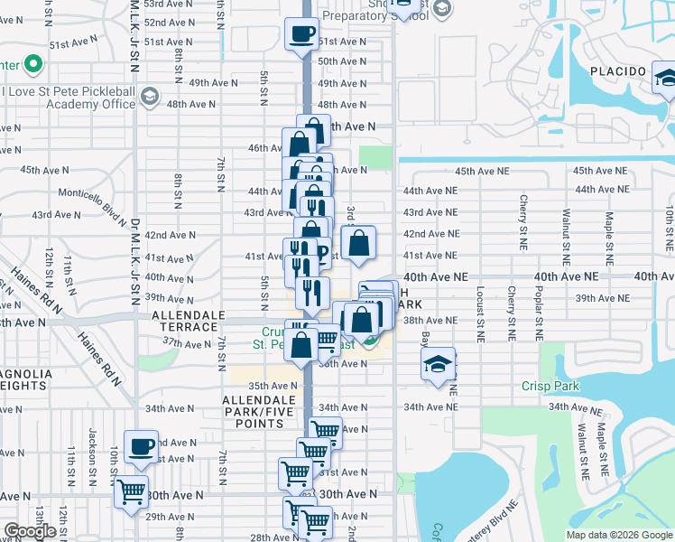map of restaurants, bars, coffee shops, grocery stores, and more near 203 38th Avenue North in St. Petersburg