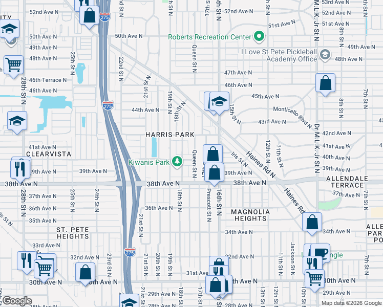 map of restaurants, bars, coffee shops, grocery stores, and more near 1769 40th Avenue North in St. Petersburg