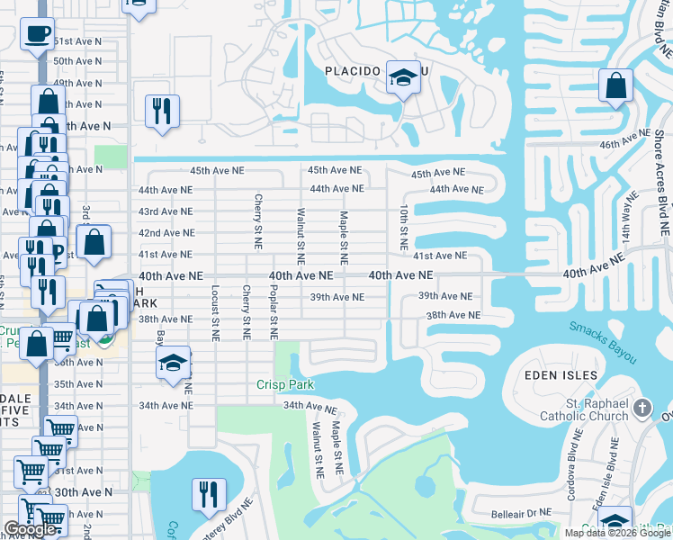 map of restaurants, bars, coffee shops, grocery stores, and more near 774 40th Avenue Northeast in St. Petersburg