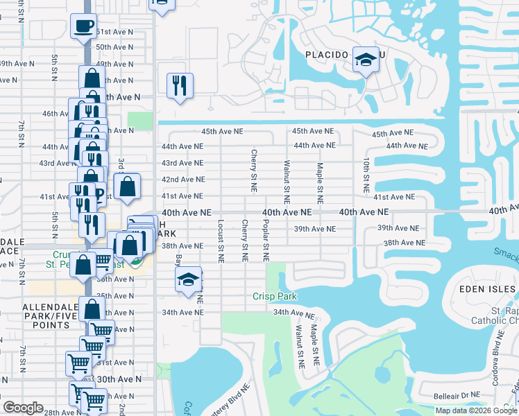 map of restaurants, bars, coffee shops, grocery stores, and more near 606 40th Avenue Northeast in St. Petersburg