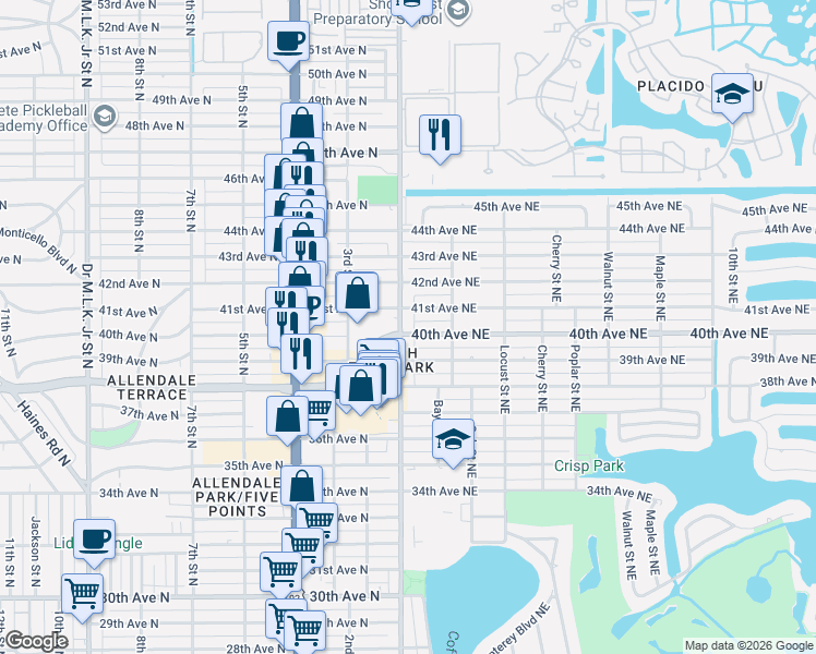 map of restaurants, bars, coffee shops, grocery stores, and more near 138 40th Avenue Northeast in St. Petersburg