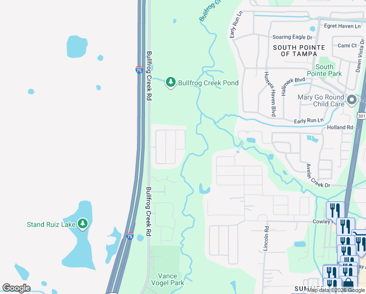 map of restaurants, bars, coffee shops, grocery stores, and more near 12607 Flatwood Creek Drive in Gibsonton