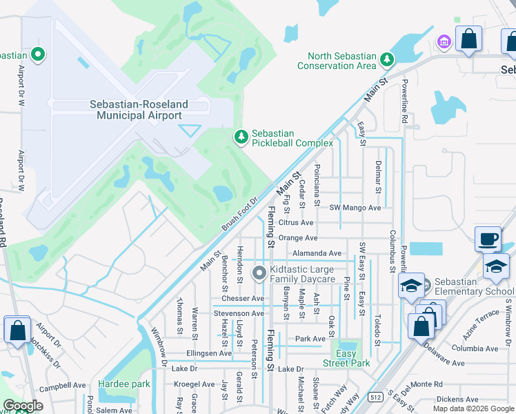 map of restaurants, bars, coffee shops, grocery stores, and more near 261 Main Street in Sebastian