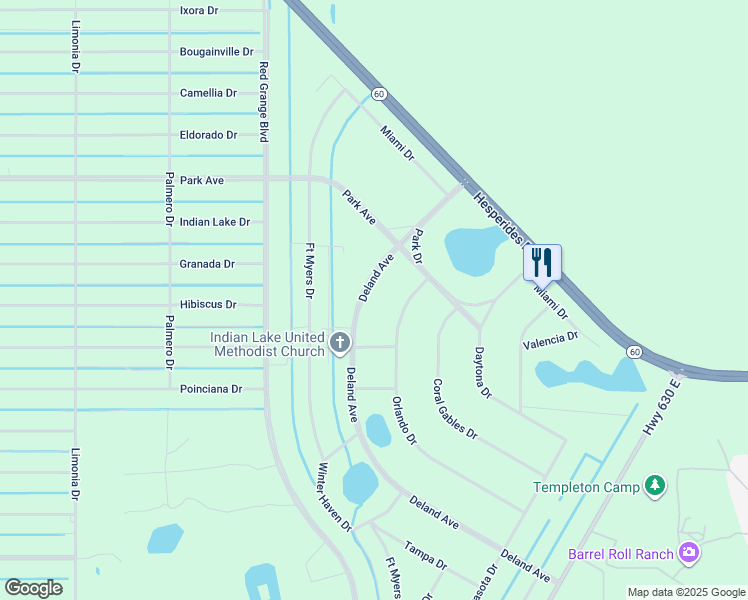 map of restaurants, bars, coffee shops, grocery stores, and more near 6650 Orlando Drive in Indian Lake Estates