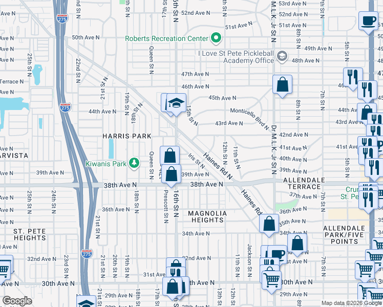 map of restaurants, bars, coffee shops, grocery stores, and more near 4001 Iris Street North in St. Petersburg