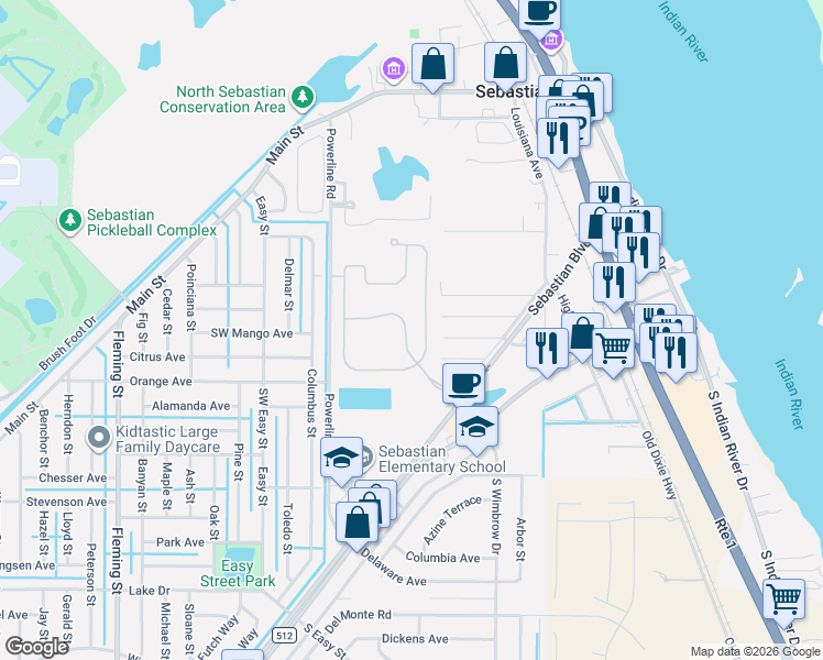 map of restaurants, bars, coffee shops, grocery stores, and more near 110 Ashbury Boulevard in Sebastian