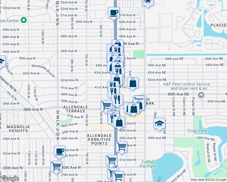 map of restaurants, bars, coffee shops, grocery stores, and more near 434 40th Avenue North in St. Petersburg