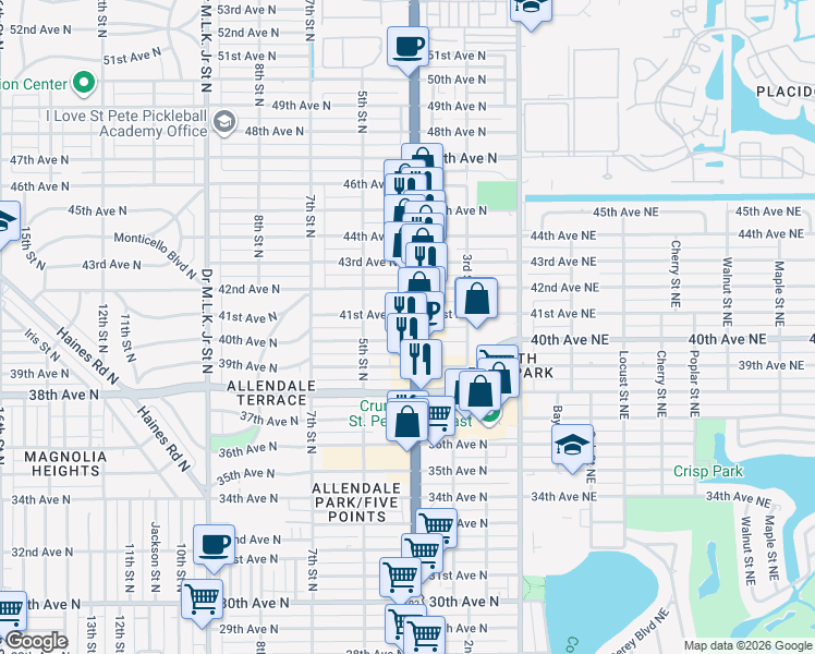 map of restaurants, bars, coffee shops, grocery stores, and more near 434 40th Avenue North in St. Petersburg