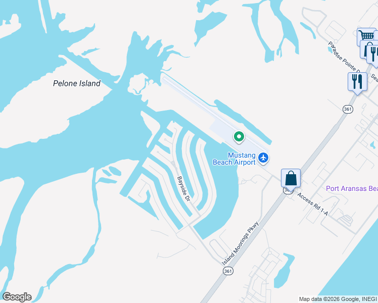map of restaurants, bars, coffee shops, grocery stores, and more near 483 Marina Drive in Port Aransas