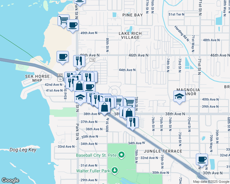 map of restaurants, bars, coffee shops, grocery stores, and more near 7901 40th Avenue North in Saint Petersburg